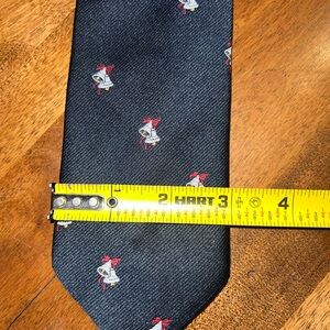 Elegant blue Tie with Red and Gray Christmas bell accents.